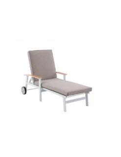 Bain De Soleil Berlin Avec Coussin En Aluminium - Blanc Avec Accoudoirs En Teck Et Coussin Taupe Chiné