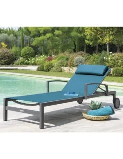 Transat De Jardin Ocala 4 Positions Aluminium Et Texaline - Graphite / Bleu Canard